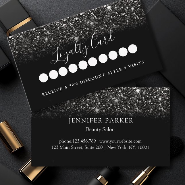 Modern Black Glitter Salon & Spa Loyalty  Business Card (Modern Black Glitter Salon & Spa Loyalty Business Card)