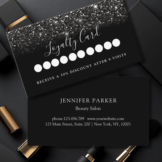 Modern Black Glitter Salon & Spa Loyalty   Business Card (Modern Black Glitter Salon & Spa Loyalty Business Card)