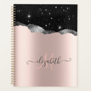 Modern Black Glitter Silver,Rose Gold Monogram Planner