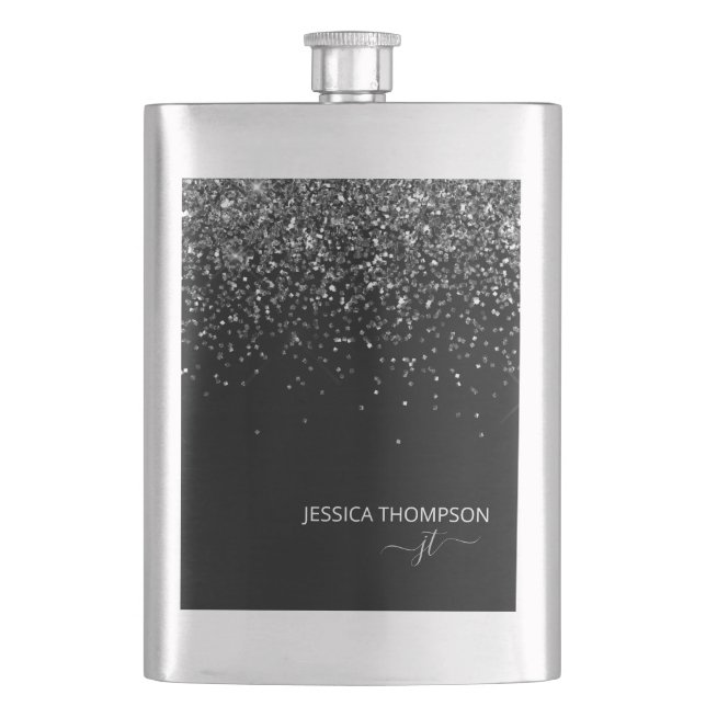 Modern Black Glitter Simple Script Monogram Name  Hip Flask (Front)
