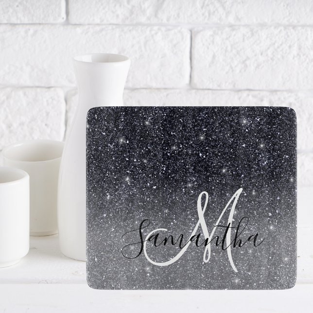 Modern Black Glitter Sparkles Personalised Name Cutting Board (Creator Uploaded)