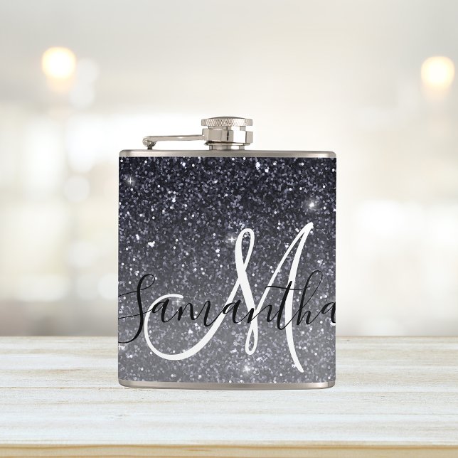 Modern Black Glitter Sparkles Personalised Name Hip Flask (Creator Uploaded)