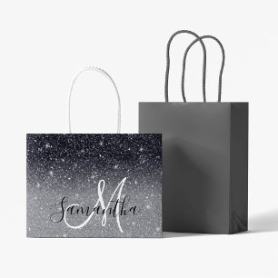 Modern Black Glitter Sparkles Personalised Name Large Gift Bag