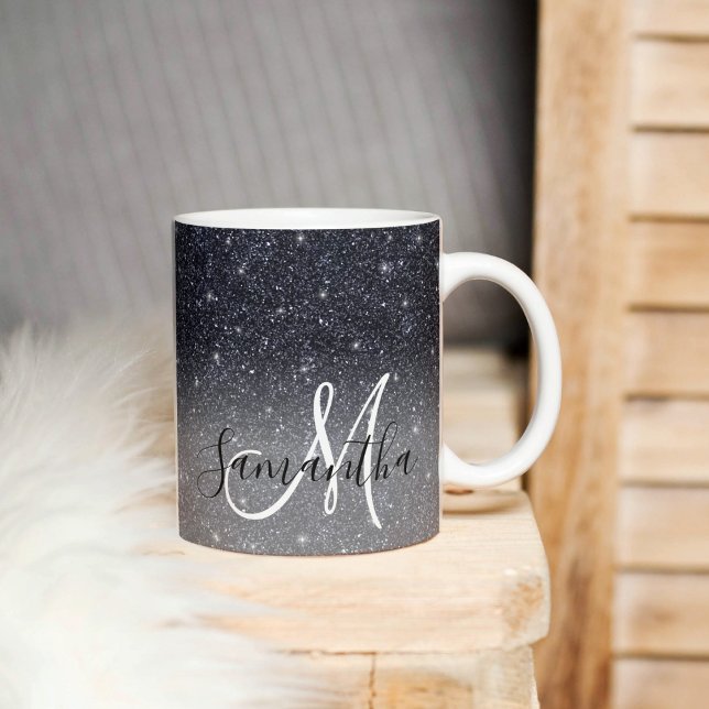 Modern Black Glitter Sparkles Personalised Name Mug (Creator Uploaded)