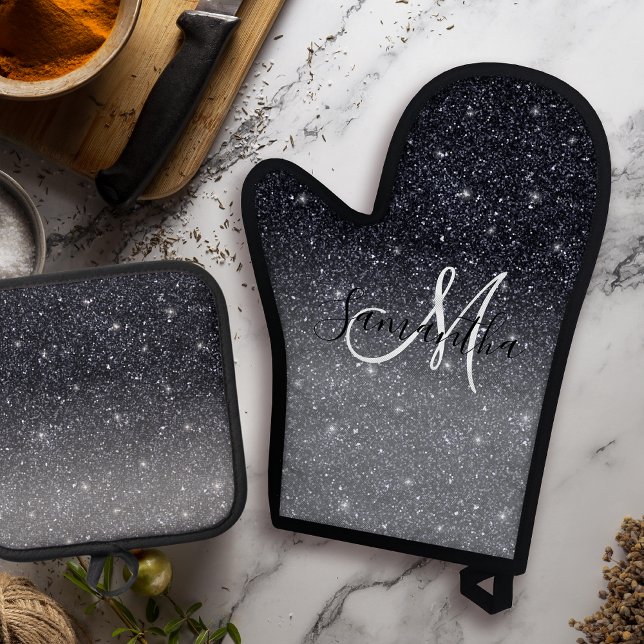Modern Black Glitter Sparkles Personalised Name Oven Mitt & Pot Holder Set (Creator Uploaded)