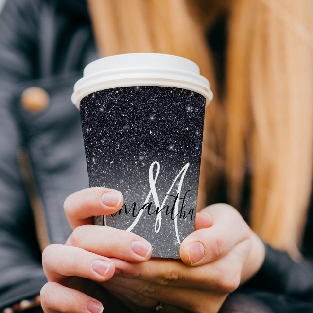 Modern Black Glitter Sparkles Personalised Name Paper Cups (Creator Uploaded)