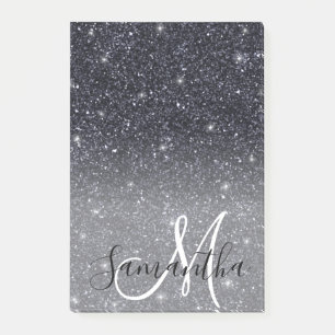 Modern Black Glitter Sparkles Personalised Name Post-it Notes