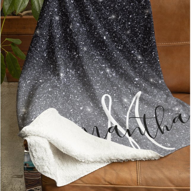 Modern Black Glitter Sparkles Personalised Name Sherpa Blanket (Creator Uploaded)