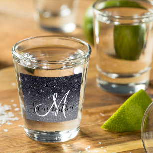Modern Black Glitter Sparkles Personalised Name Shot Glass