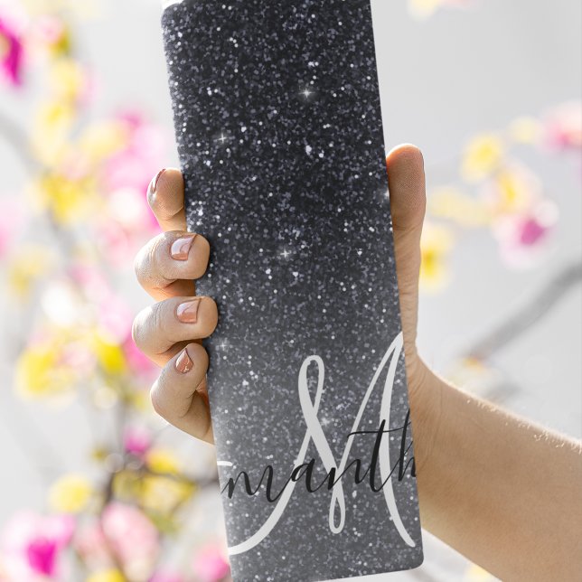 Modern Black Glitter Sparkles Personalised Name Thermal Tumbler (Creator Uploaded)