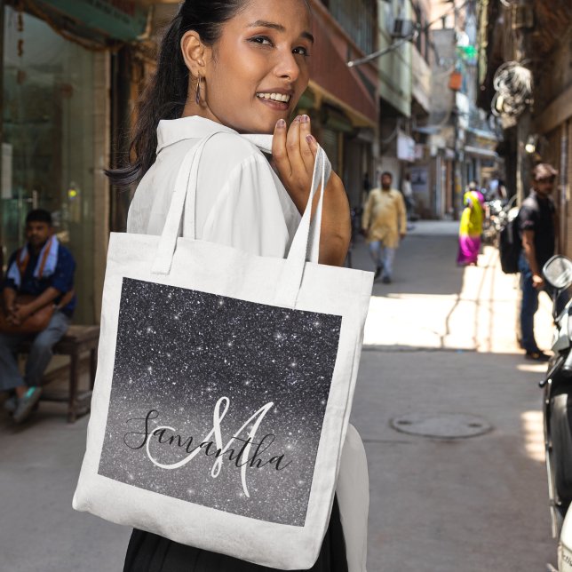 Modern Black Glitter Sparkles Personalised Name Tote Bag (Creator Uploaded)