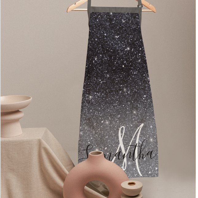 Modern Black Glitter Sparkles Personalized Name Apron (Creator Uploaded)