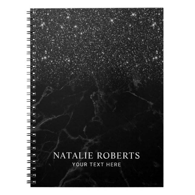 Modern Black Glitter Trendy Marble Notebook (Front)