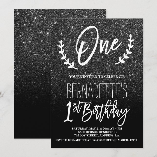 Modern black glitter typography First Birthday Invitation (Front/Back)