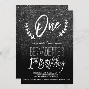 Modern black glitter typography First Birthday Invitation