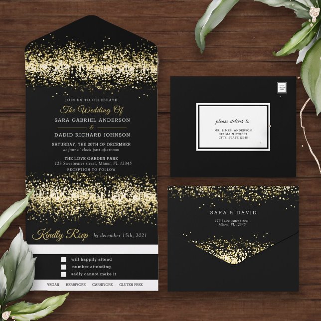 Modern Black Glitter Wedding All In One Invitation (Creator Uploaded)