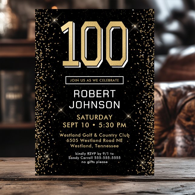 Modern Black Gold 100th Birthday Surprise Party Invitation (Creator Uploaded)