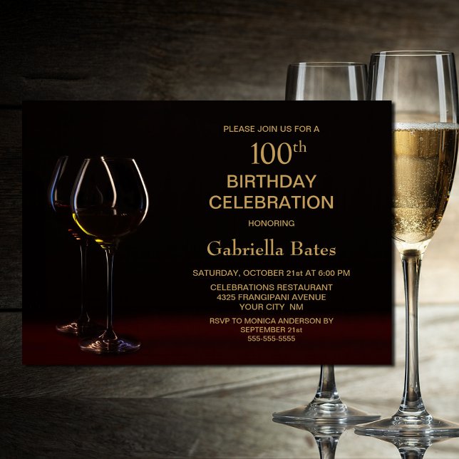 Modern Black Gold 100th Birthday Wine Glass Party Invitation (Creator Uploaded)