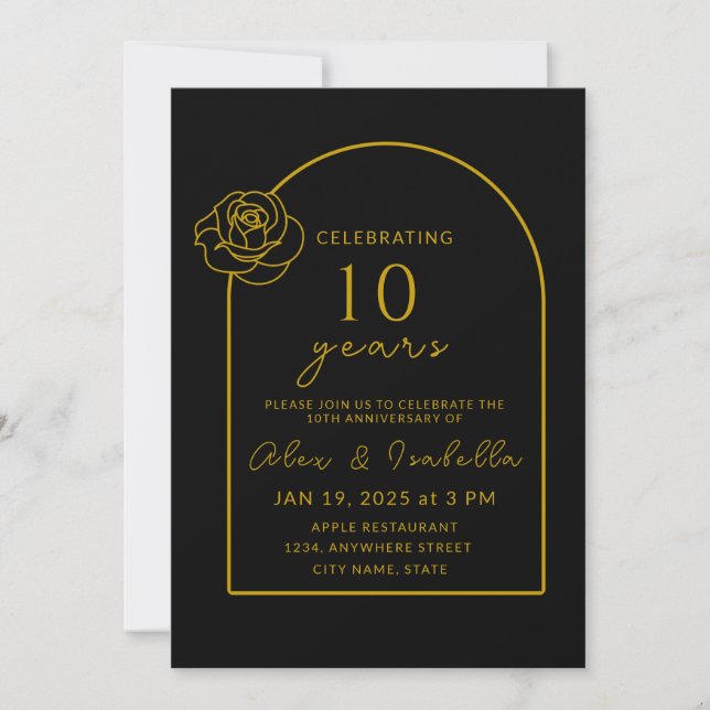 Modern Black & Gold 10th Wedding Anniversary Party Invitation (Front)