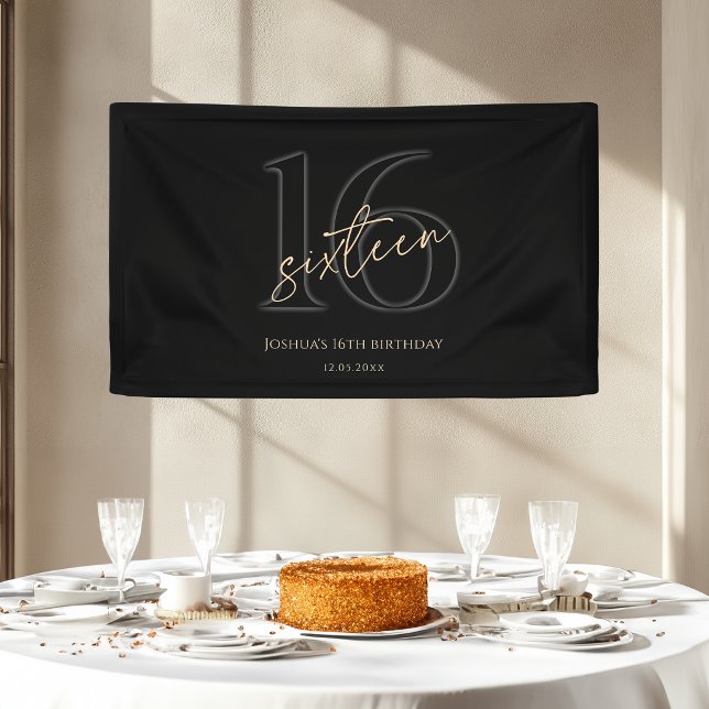 Modern Black Gold 16th Birthday Party Banner (Creator Uploaded)