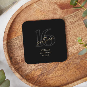 Modern Black Gold 16th Birthday Party Square Paper Coaster