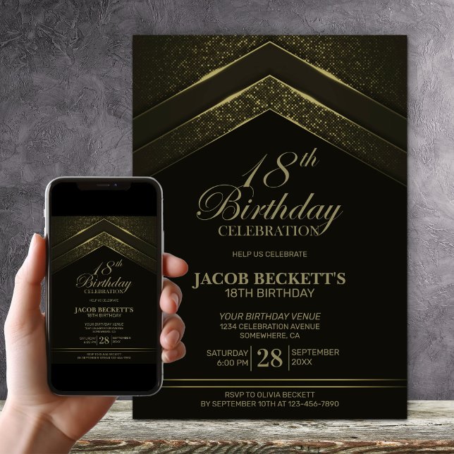 Modern Black Gold 18th Birthday Party Invitation (Creator Uploaded)