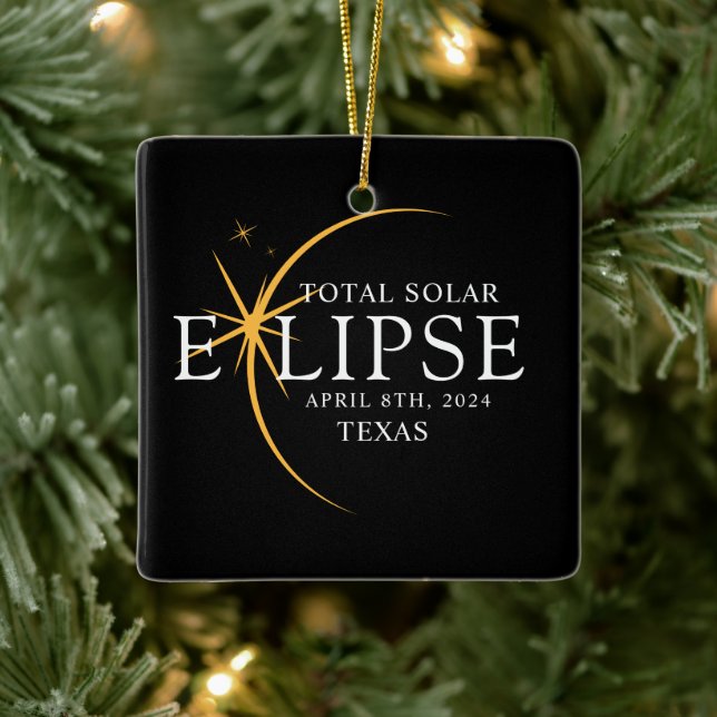 Modern Black & Gold 2024 Texas Total Solar Eclipse Ceramic Ornament (Tree)