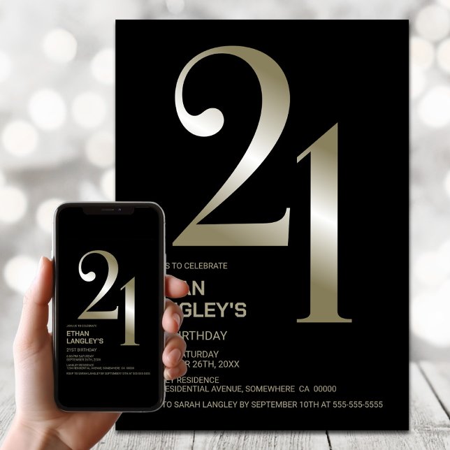 Modern Black Gold 21st Birthday Party Invitation (Creator Uploaded)