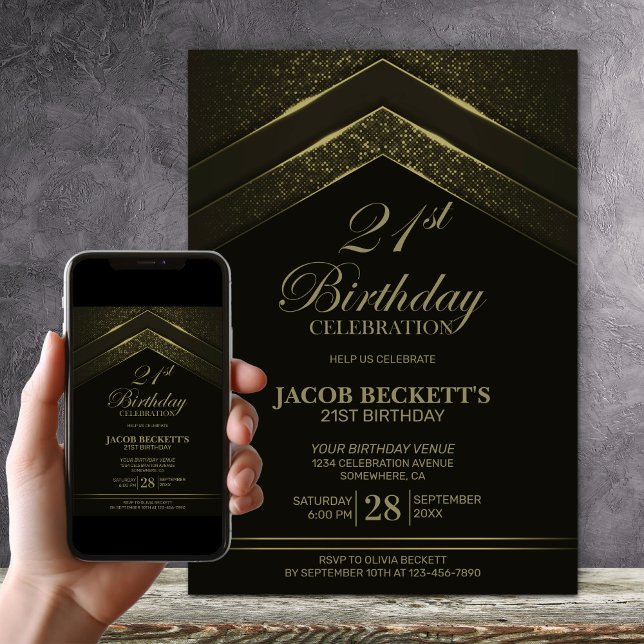 Modern Black Gold 21st Birthday Party Invitation (Creator Uploaded)