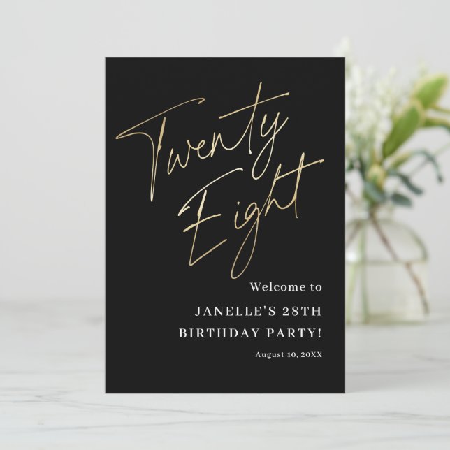 Modern Black Gold 28th Birthday Party Welcome Invitation (Standing Front)