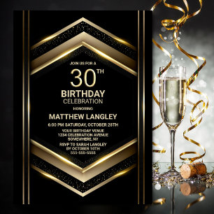 Modern Black Gold 30th Birthday Party Invitation