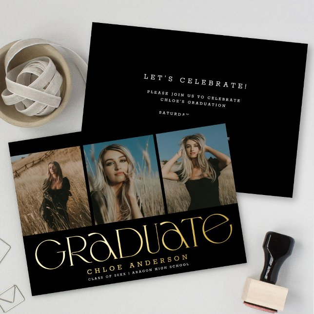 Modern Black Gold 3 Photo Graduation Announcement  (Creator Uploaded)