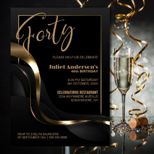 Modern Black Gold 40th Birthday Party Invitation
