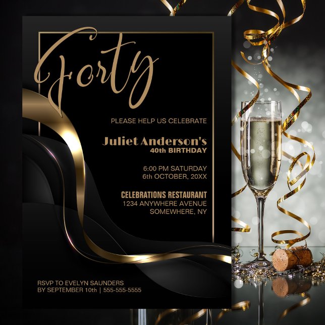 Modern Black Gold 40th Birthday Party Invitation (Creator Uploaded)