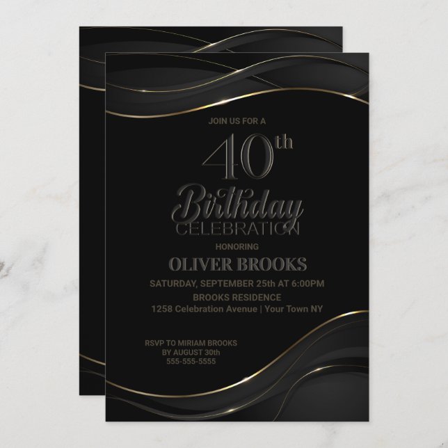 Modern Black Gold 40th Birthday Party Invitation (Front/Back)