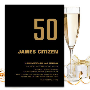 Modern Black Gold 50th Birthday Party Invitation