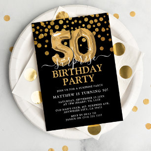 Modern Black & Gold 50th Surprise Birthday Party Invitation