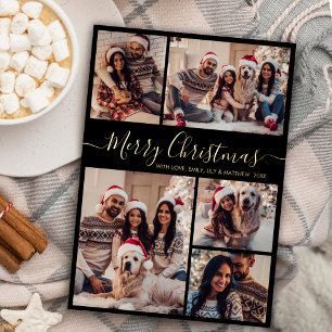 Modern Black Gold 5 photo Collage Christmas Foil Holiday Postcard