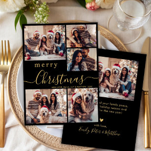 Modern Black Gold 5 Photo Collage Christmas Holiday Card
