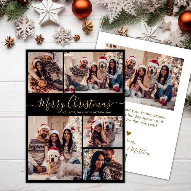 Modern Black Gold 5 Photo Collage Christmas  Holiday Card (Creator Uploaded)