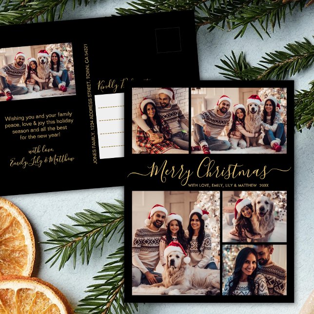 Modern Black Gold 5 photo Collage Christmas  Postcard (Creator Uploaded)