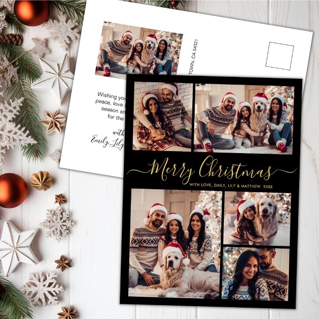 Modern Black Gold 5 photo Collage Christmas  Postcard (Creator Uploaded)