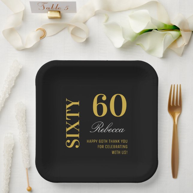 Modern Black Gold 60th Birthday Cocktail Party  Paper Plate (Wedding)