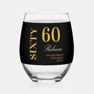 Modern Black & Gold 60th Birthday Cocktail Party  Stemless Wine Glass