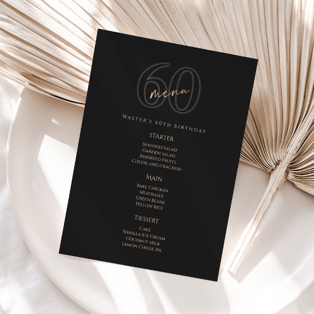 Modern Black Gold 60th Birthday Party Menu Card (Modern Black Gold 60th Birthday Party Menu Card)