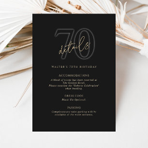 Modern Black Gold 70th Birthday Party Details Card