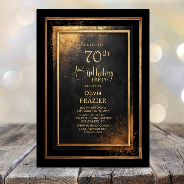 Modern Black Gold 70th Birthday Party Invitation (Creator Uploaded)