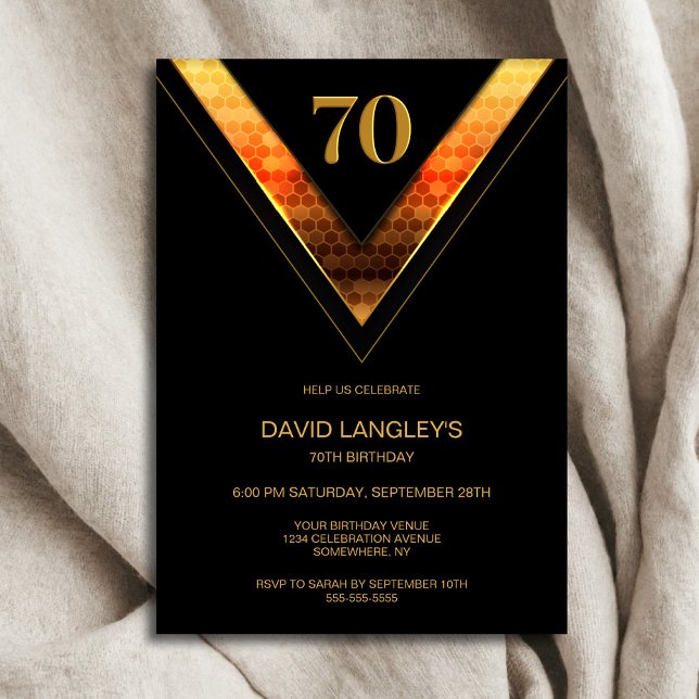 Modern Black Gold 70th Birthday Party Invitation (Creator Uploaded)