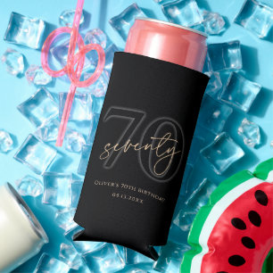 Modern Black Gold 70th Birthday Party Seltzer Can Cooler