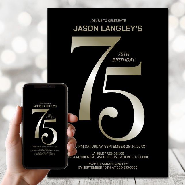 Modern Black Gold 75th Birthday Party Invitation (Creator Uploaded)